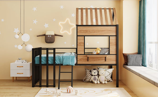 English Elm Metal Twin Loft Bed with Playhouse Roof Window Guardrails and Ladder for Kids LP000801AAB