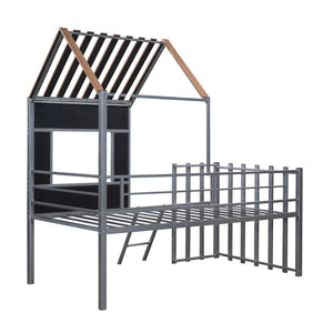 English Elm Metal Twin Loft Bed with Playhouse Roof Window Guardrails and Ladder for Kids LP000801AAN