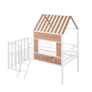 Hearth and Haven Zest Twin Size House-Shaped Loft Bed with Roof, Window, High Guardrail and Low Ladder, White LP000801AAK