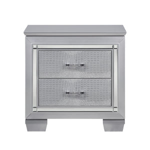 English Elm Glamourous mirrored nightstand with alligator-embossed fronts, crystal hardware and beveled trim Silver 31 L x 20 W x 31.5 H B01151368