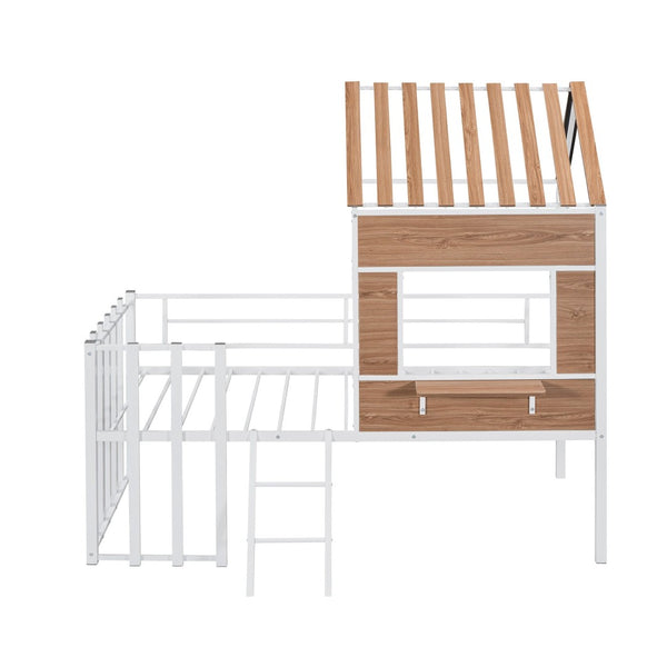 English Elm Metal Twin Loft Bed with Playhouse Roof Window Guardrails and Ladder for Kids LP000801AAK