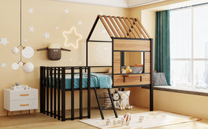English Elm Metal Twin Loft Bed with Playhouse Roof Window Guardrails and Ladder for Kids LP000801AAB
