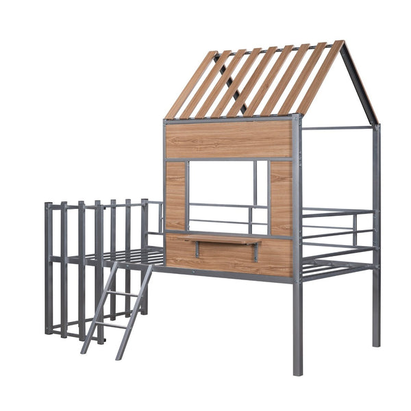 English Elm Metal Twin Loft Bed with Playhouse Roof Window Guardrails and Ladder for Kids LP000801AAN