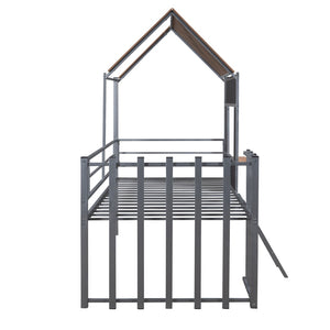 English Elm Metal Twin Loft Bed with Playhouse Roof Window Guardrails and Ladder for Kids LP000801AAN
