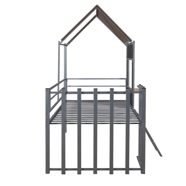 English Elm Metal Twin Loft Bed with Playhouse Roof Window Guardrails and Ladder for Kids LP000801AAN