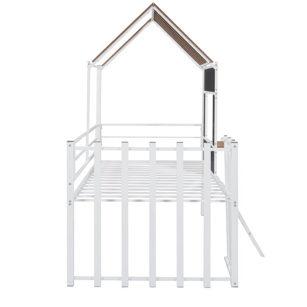 English Elm Metal Twin Loft Bed with Playhouse Roof Window Guardrails and Ladder for Kids LP000801AAK
