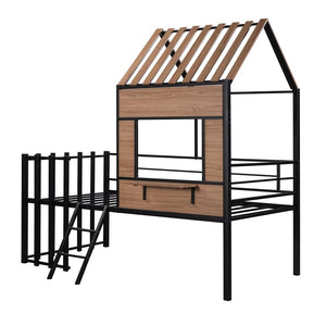 English Elm Metal Twin Loft Bed with Playhouse Roof Window Guardrails and Ladder for Kids LP000801AAB