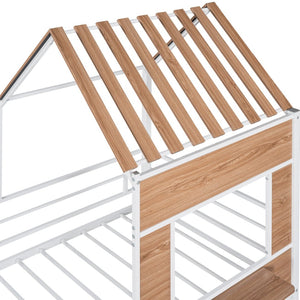 English Elm Metal Twin Loft Bed with Playhouse Roof Window Guardrails and Ladder for Kids LP000801AAK