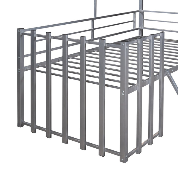English Elm Metal Twin Loft Bed with Playhouse Roof Window Guardrails and Ladder for Kids LP000801AAN