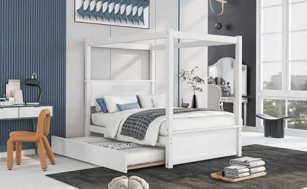 English Elm Wood Full Canopy Platform Bed with Trundle Pinewood Frame Brushed White Finish WF291343AAK