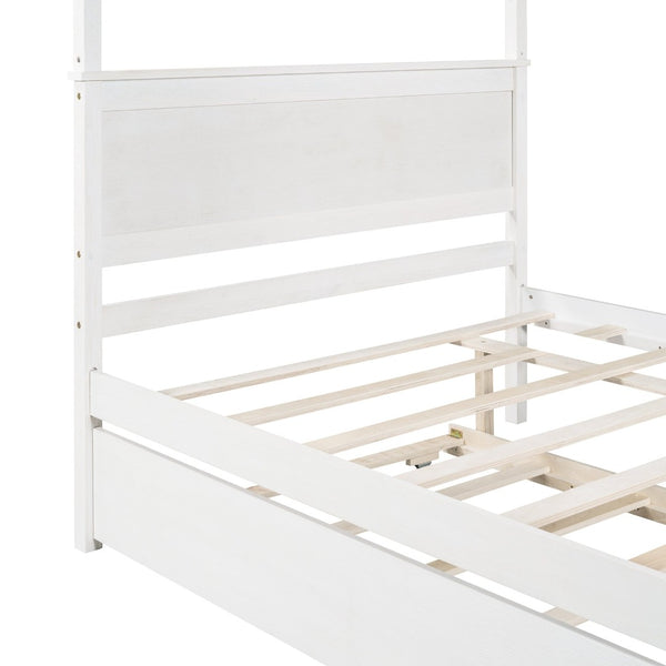 English Elm Wood Full Canopy Platform Bed with Trundle Pinewood Frame Brushed White Finish WF291343AAK