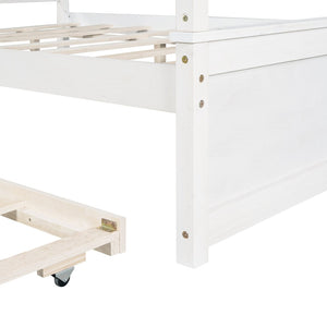 English Elm Wood Full Canopy Platform Bed with Trundle Pinewood Frame Brushed White Finish WF291343AAK