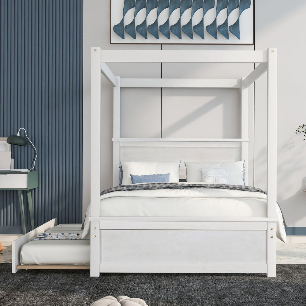 English Elm Wood Full Canopy Platform Bed with Trundle Pinewood Frame Brushed White Finish WF291343AAK