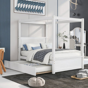 English Elm Wood Full Canopy Platform Bed with Trundle Pinewood Frame Brushed White Finish WF291343AAK