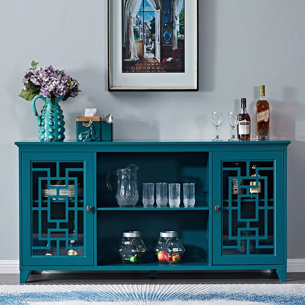 English Elm 60" Modern Sideboard Buffet Table with Tempered Glass, Solid Wood Legs, Adjustable Shelves, Durable MDF Storage Cabinet W96539593