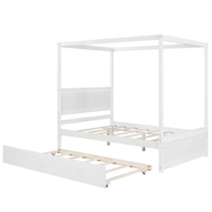 English Elm Wood Full Canopy Platform Bed with Trundle Pinewood Frame Brushed White Finish WF291343AAK