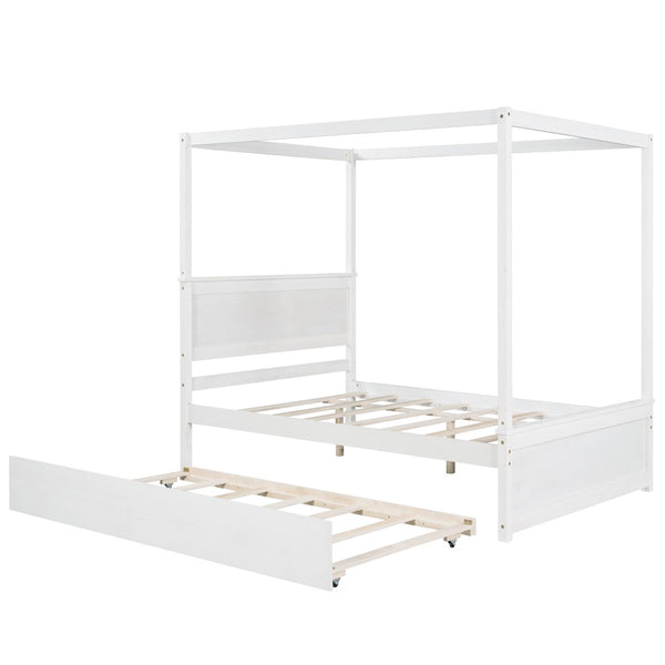 English Elm Wood Full Canopy Platform Bed with Trundle Pinewood Frame Brushed White Finish WF291343AAK