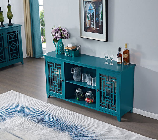 English Elm 60" Modern Sideboard Buffet Table with Tempered Glass, Solid Wood Legs, Adjustable Shelves, Durable MDF Storage Cabinet W96539593