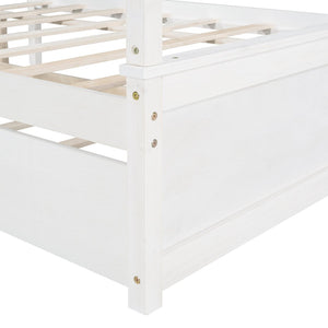 English Elm Wood Full Canopy Platform Bed with Trundle Pinewood Frame Brushed White Finish WF291343AAK