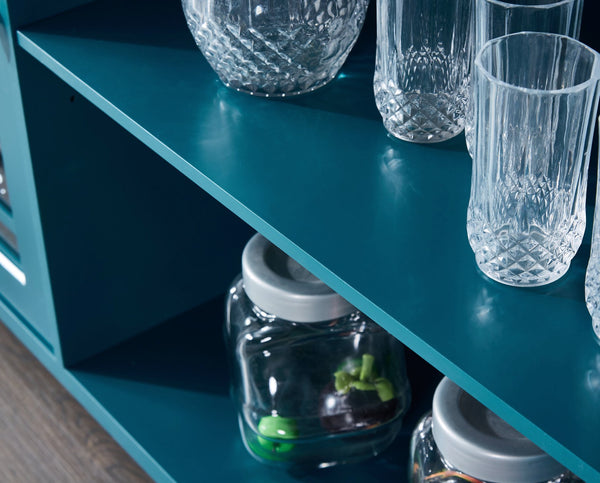 English Elm 60" Modern Sideboard Buffet Table with Tempered Glass, Solid Wood Legs, Adjustable Shelves, Durable MDF Storage Cabinet W96539593