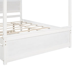 English Elm Wood Full Canopy Platform Bed with Trundle Pinewood Frame Brushed White Finish WF291343AAK