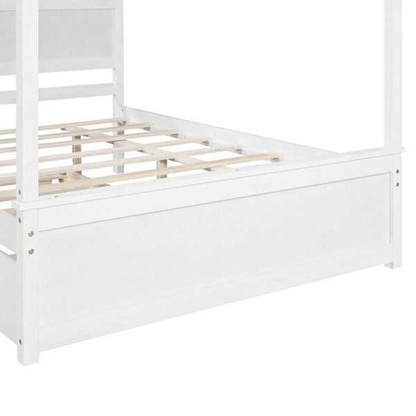 English Elm Wood Full Canopy Platform Bed with Trundle Pinewood Frame Brushed White Finish WF291343AAK