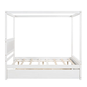 English Elm Wood Full Canopy Platform Bed with Trundle Pinewood Frame Brushed White Finish WF291343AAK