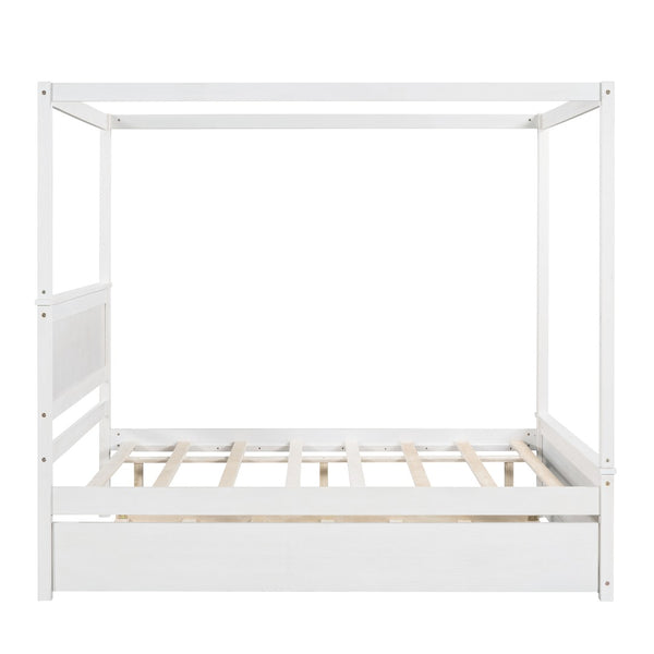 English Elm Wood Full Canopy Platform Bed with Trundle Pinewood Frame Brushed White Finish WF291343AAK