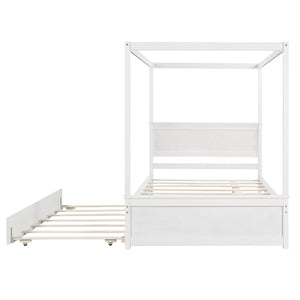 English Elm Wood Full Canopy Platform Bed with Trundle Pinewood Frame Brushed White Finish WF291343AAK