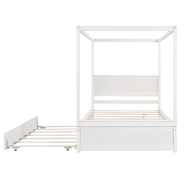 English Elm Wood Full Canopy Platform Bed with Trundle Pinewood Frame Brushed White Finish WF291343AAK