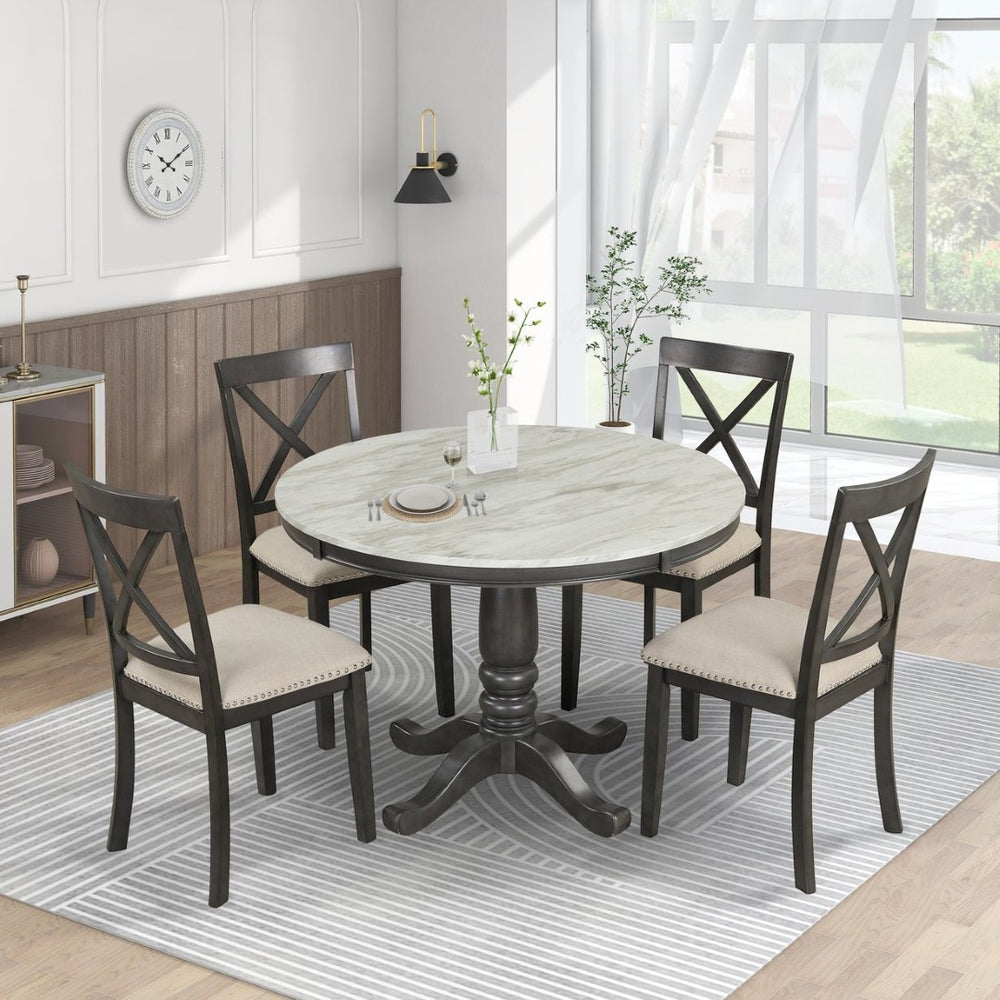English Elm Orisfur. Round Faux Marble 5 Piece Dining Set with Rubberwood Legs Seats Four SG000342AAA
