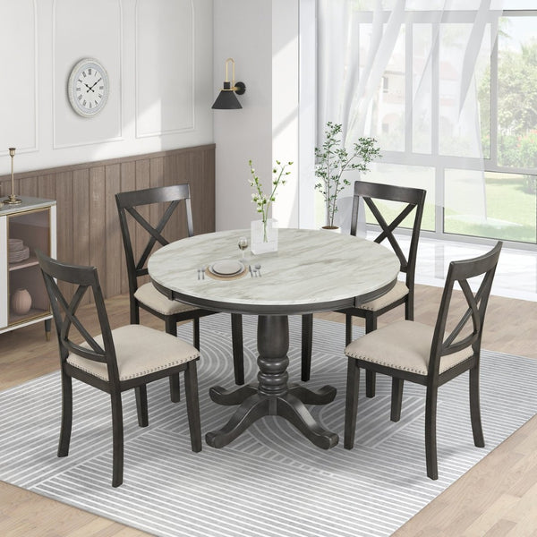 English Elm Orisfur. Round Faux Marble 5 Piece Dining Set with Rubberwood Legs Seats Four SG000342AAA