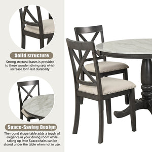 English Elm Orisfur. Round Faux Marble 5 Piece Dining Set with Rubberwood Legs Seats Four SG000342AAA