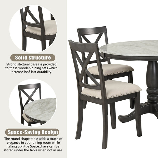 English Elm Orisfur. Round Faux Marble 5 Piece Dining Set with Rubberwood Legs Seats Four SG000342AAA