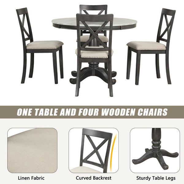 English Elm Orisfur. Round Faux Marble 5 Piece Dining Set with Rubberwood Legs Seats Four SG000342AAA