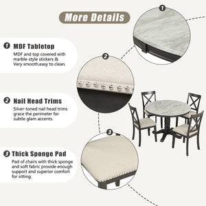English Elm Orisfur. Round Faux Marble 5 Piece Dining Set with Rubberwood Legs Seats Four SG000342AAA