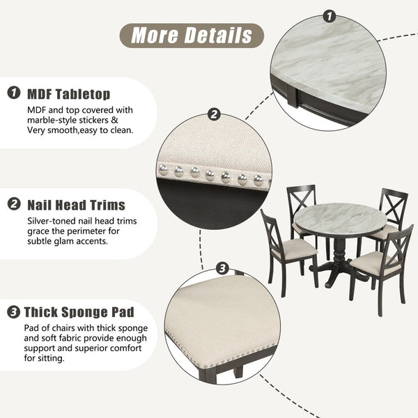 English Elm Orisfur. Round Faux Marble 5 Piece Dining Set with Rubberwood Legs Seats Four SG000342AAA