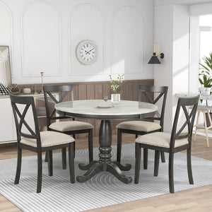English Elm Orisfur. Round Faux Marble 5 Piece Dining Set with Rubberwood Legs Seats Four SG000342AAA