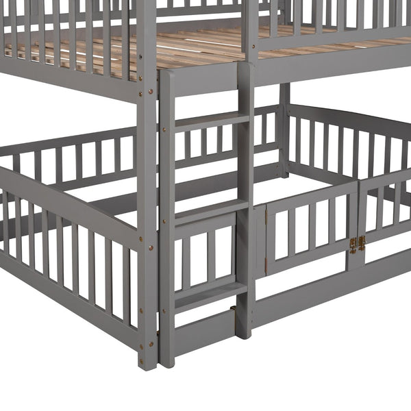 English Elm Bunk Bed Full Over Pinewood Frame with Slide Fence Enclosure for Kids LT000182AAE