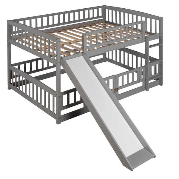 English Elm Bunk Bed Full Over Pinewood Frame with Slide Fence Enclosure for Kids LT000182AAE
