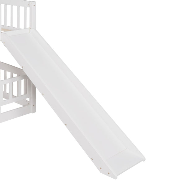 English Elm Bunk Bed Full Over Pinewood Frame with Slide Fence Enclosure for Kids LT000182AAK