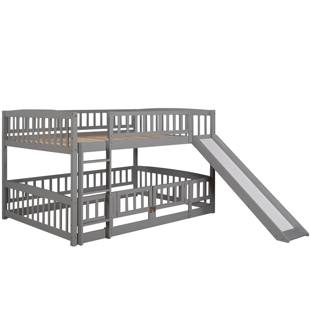 English Elm Bunk Bed Full Over Pinewood Frame with Slide Fence Enclosure for Kids LT000182AAE