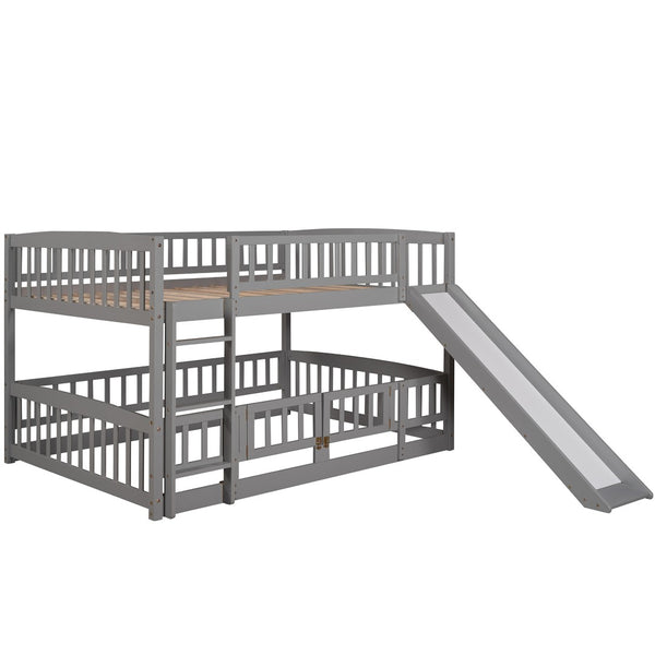 English Elm Bunk Bed Full Over Pinewood Frame with Slide Fence Enclosure for Kids LT000182AAE