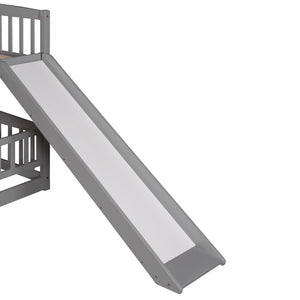 English Elm Bunk Bed Full Over Pinewood Frame with Slide Fence Enclosure for Kids LT000182AAE