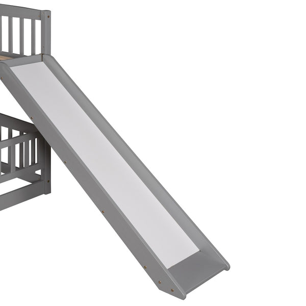 English Elm Bunk Bed Full Over Pinewood Frame with Slide Fence Enclosure for Kids LT000182AAE