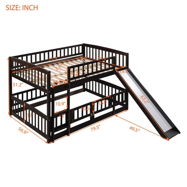 English Elm Bunk Bed Full Over Pinewood Frame with Slide Fence Enclosure for Kids LT000182AAP