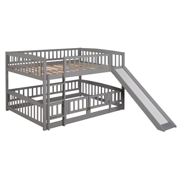 English Elm Bunk Bed Full Over Pinewood Frame with Slide Fence Enclosure for Kids LT000182AAE