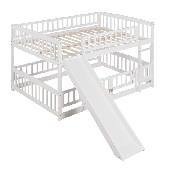 English Elm Bunk Bed Full Over Pinewood Frame with Slide Fence Enclosure for Kids LT000182AAK