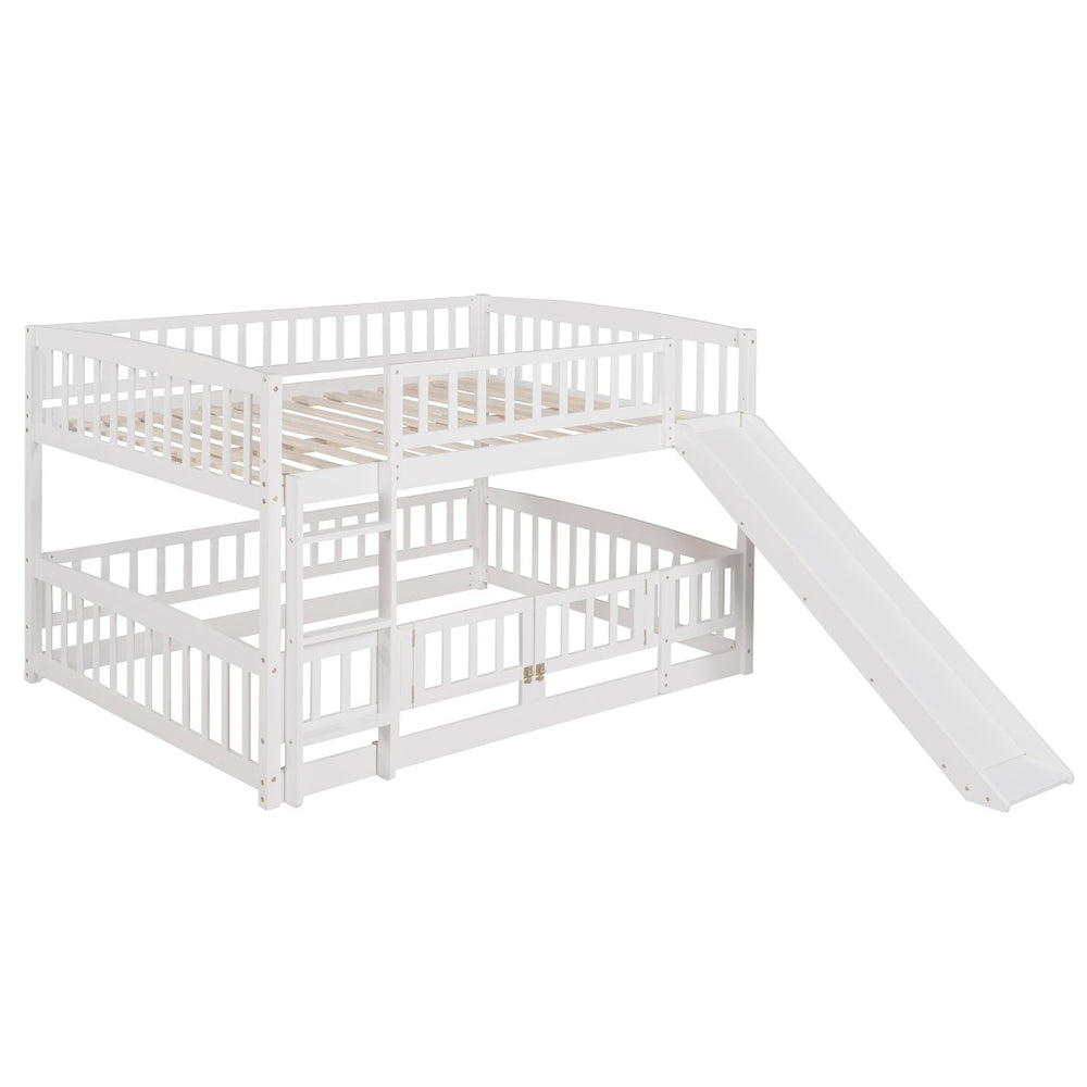 English Elm Bunk Bed Full Over Pinewood Frame with Slide Fence Enclosure for Kids LT000182AAK