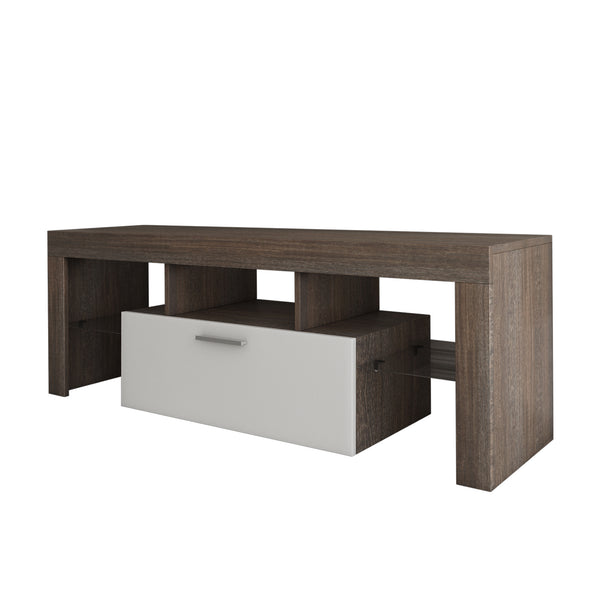 English Elm 20 Modern Brown TV Stand with Toughened Glass Shelf, LED Color Lights, Brand Hardware, Adjustable Feet W67943610